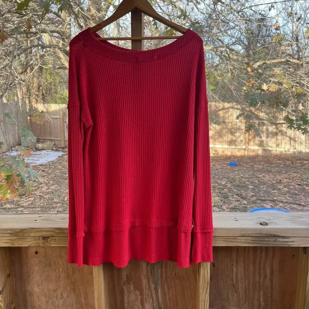 Free People North Shore Thermal Knit Tunic Top Red Size S